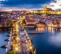 Famous Charles bridge. Its a historic bridge that crosses the Vltava river in Prague. Its construction started in 1357 under the auspices of King Charles IV, and finished in the beginning of the 15th century.