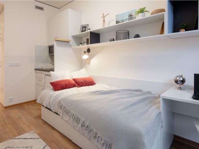 Apartman má: posteľ, pracovný stôl, stoličku, idukčnú dosku, mikrovlnku, chladničku s mrazničkou, sprchový kút
