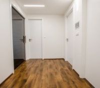 Hallway, living room & kitchen on left, straight doors is toilet, first doors on right bathroom, second on right bedroom.