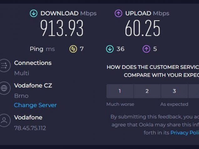 Test rychlosti internetu, na WIFI je to 600 Mbps download, 60 Mbps upload